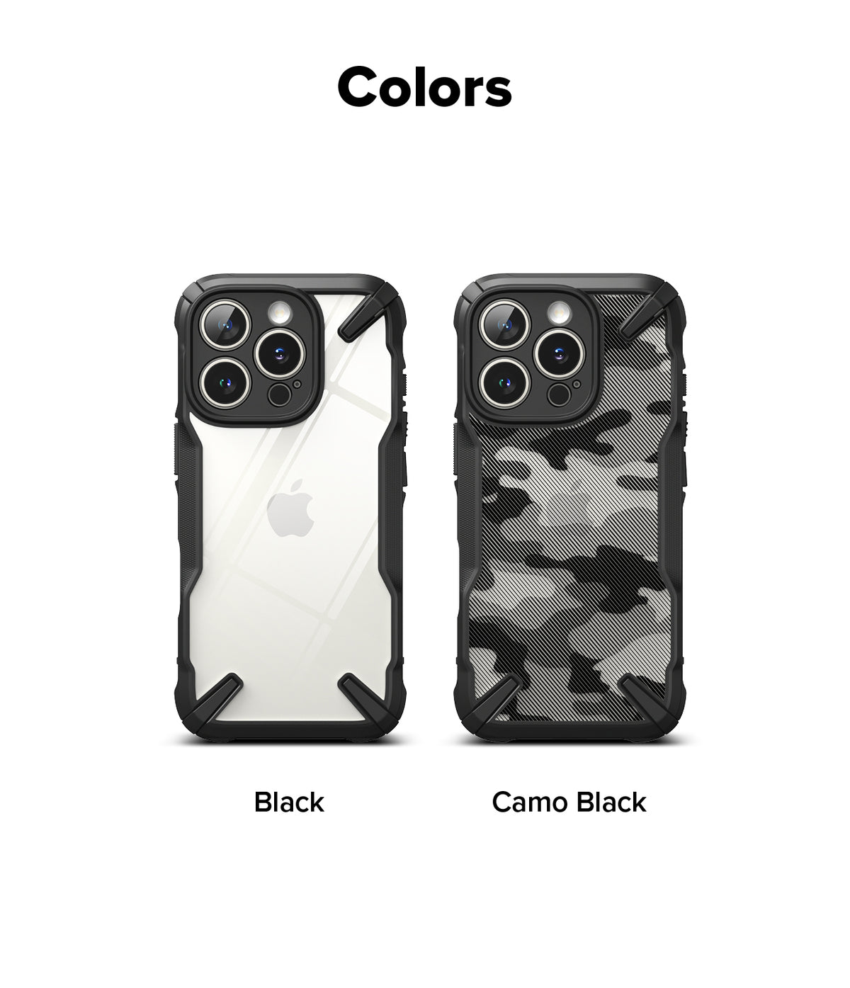 iPhone 16 Pro Max Case | Fusion-X - Two Fusion-X cases for iPhone 16 Pro Max in Black and Camo Black color options.
