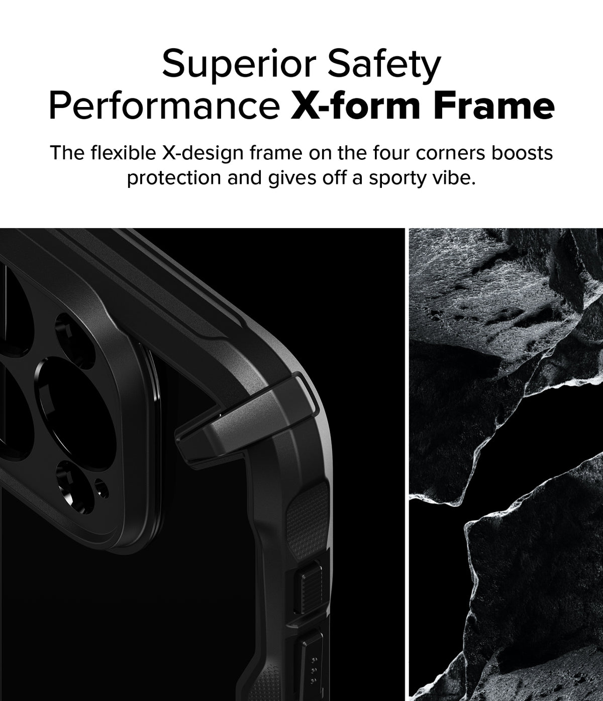iPhone 16 Pro Max Case | Fusion-X - Close-up of a black phone case corner with a reinforced X-design frame next to textured rock.
