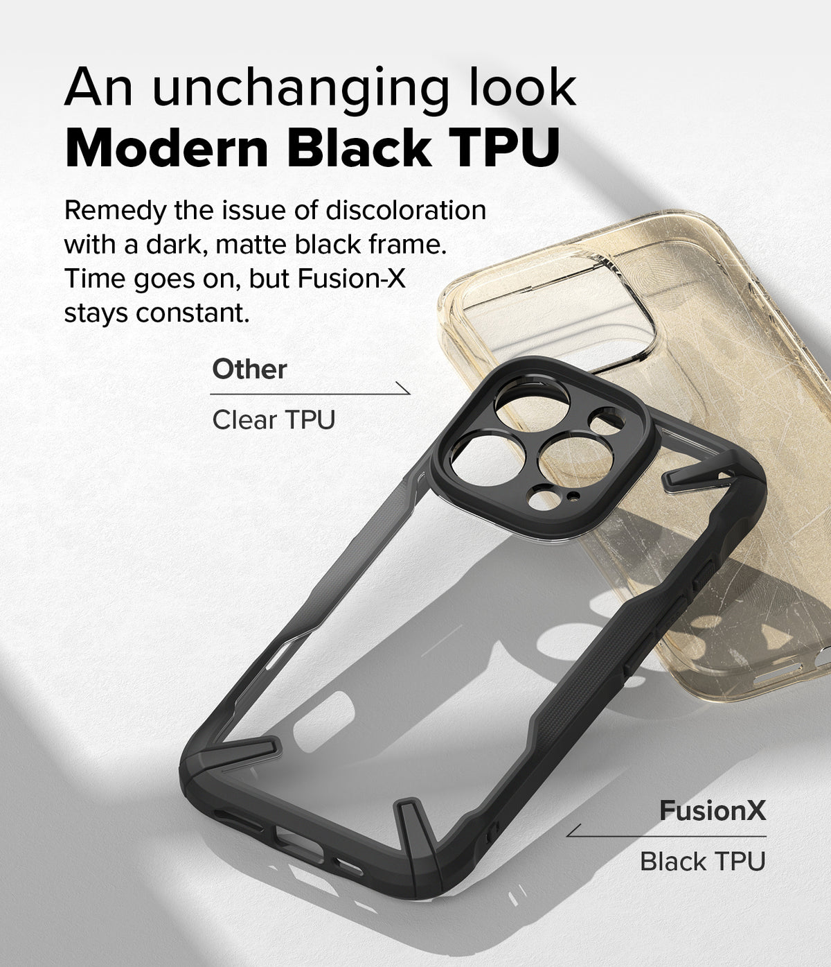iPhone 16 Pro Max Case | Fusion-X - Comparison of a yellowed clear case and a pristine Fusion-X case with a black TPU frame.