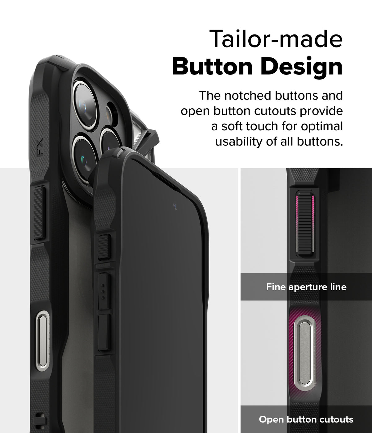 iPhone 16 Pro Max Case | Fusion-X - Close-up of black phone case buttons showing notched textures and open cutouts for easy access.