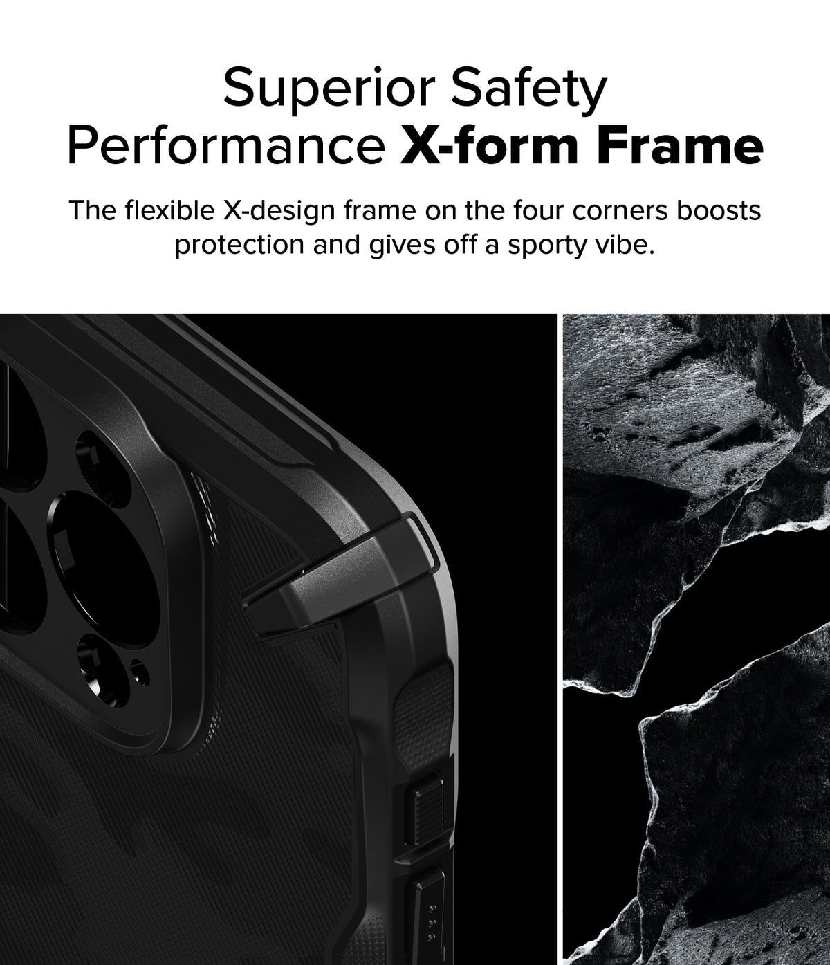 iPhone 16 Pro Max Case | Fusion-X - Close-up of a black phone case corner with a reinforced X-shaped frame design.