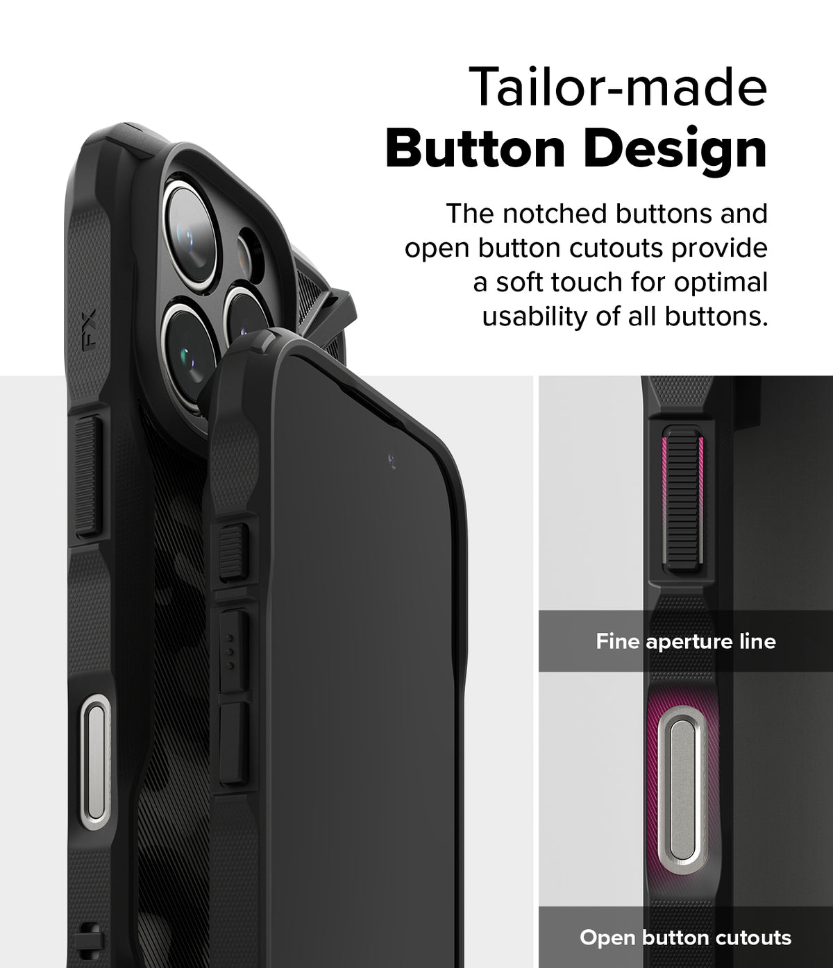 iPhone 16 Pro Max Case | Fusion-X - Close-up of phone case buttons highlighting notched design and open cutouts for usability.