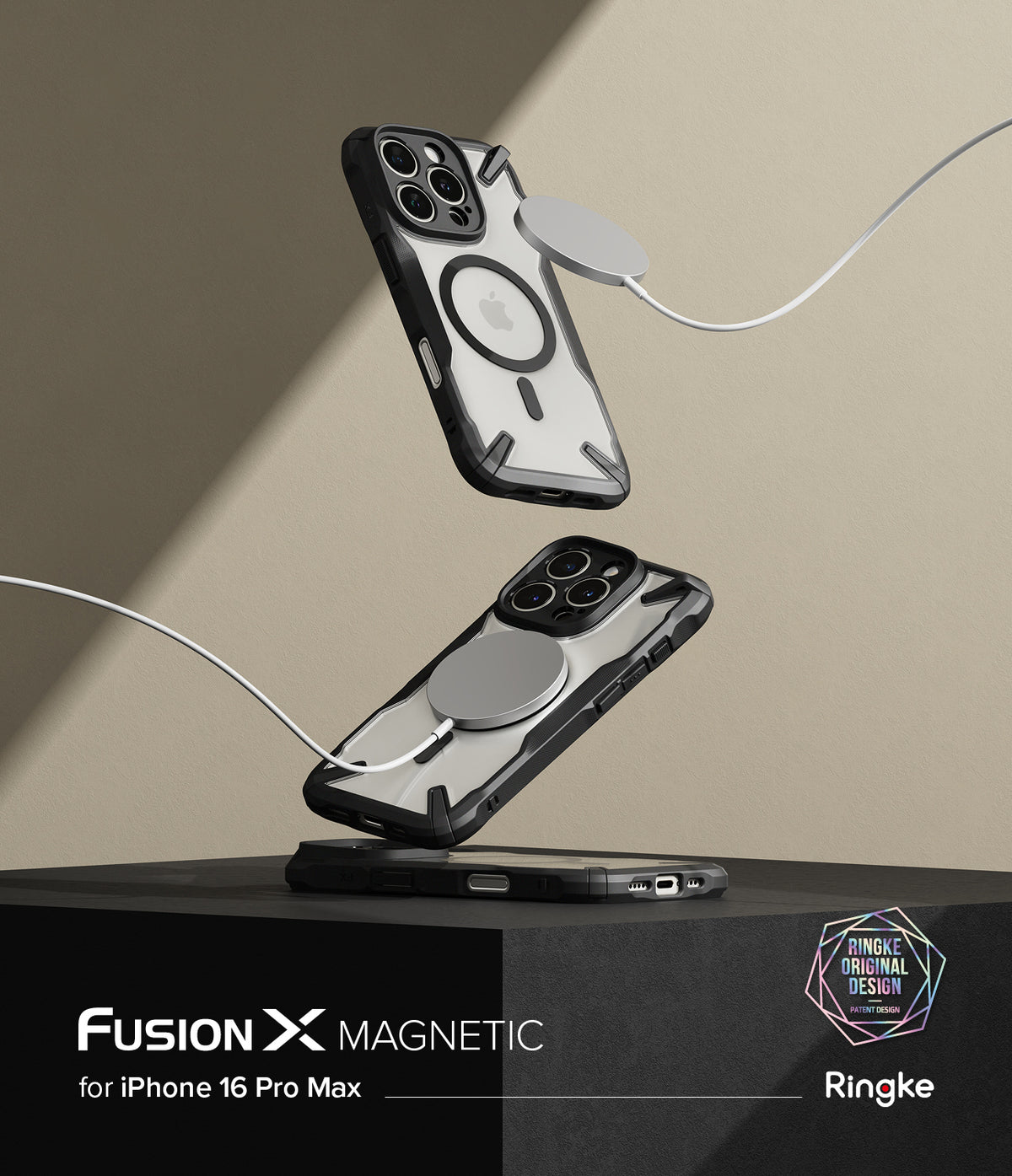 iPhone 16 Pro Max Case | Fusion-X Magnetic - Two black Fusion-X cases floating with magnetic chargers attached.
