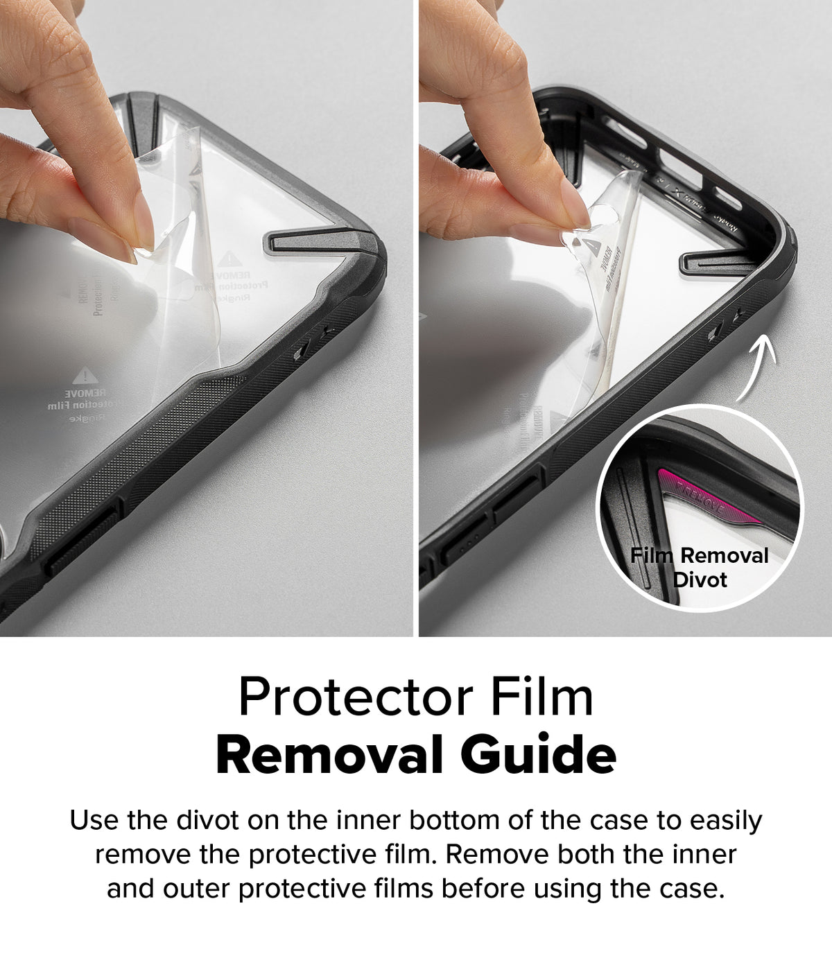 iPhone 16 Pro Max Case | Fusion-X Magnetic - Hands peeling protective film from the inner surface of a black phone case.