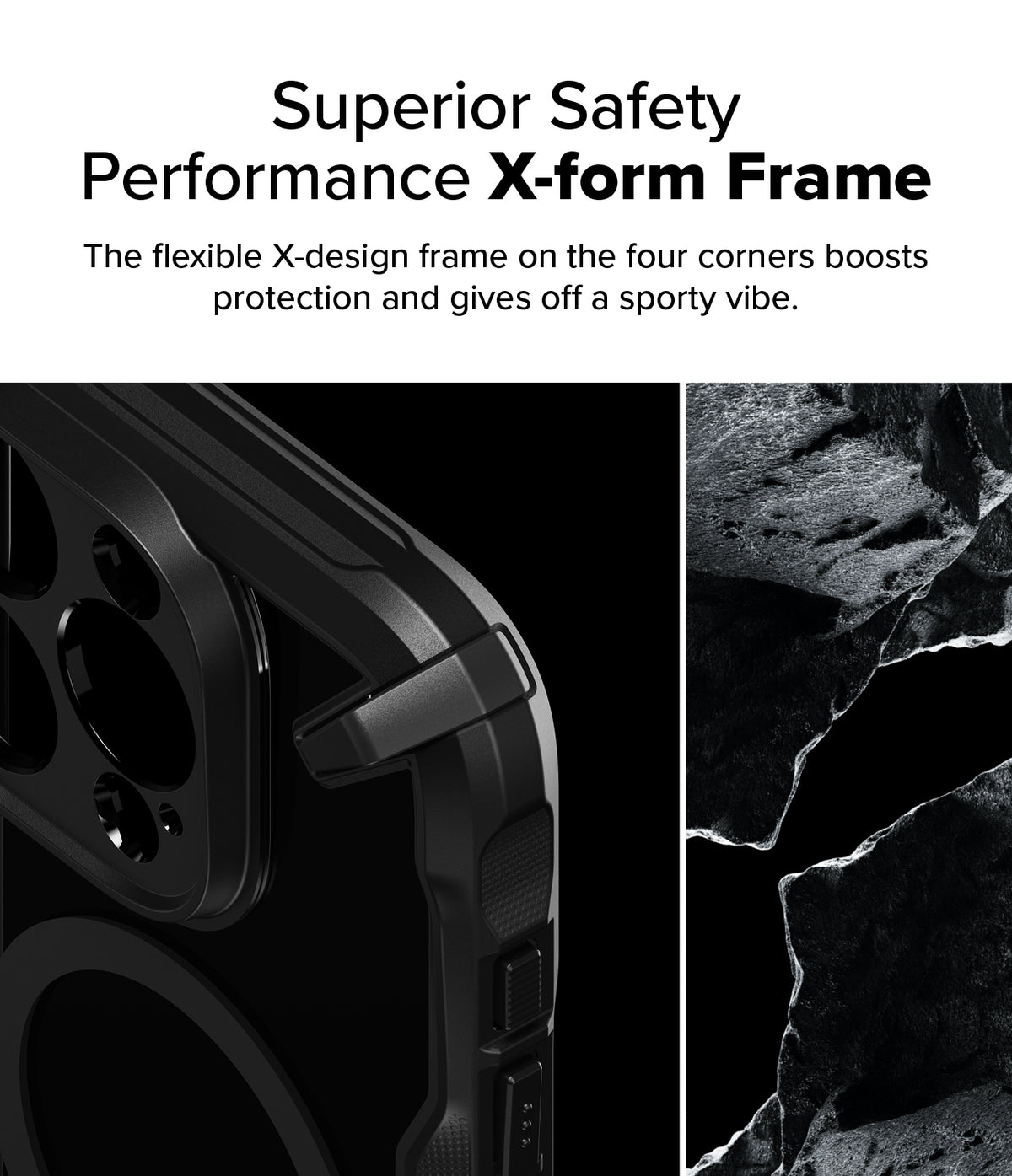 iPhone 16 Pro Max Case | Fusion-X Magnetic - Close-up of a black phone case corner with a rugged X-shaped frame design.