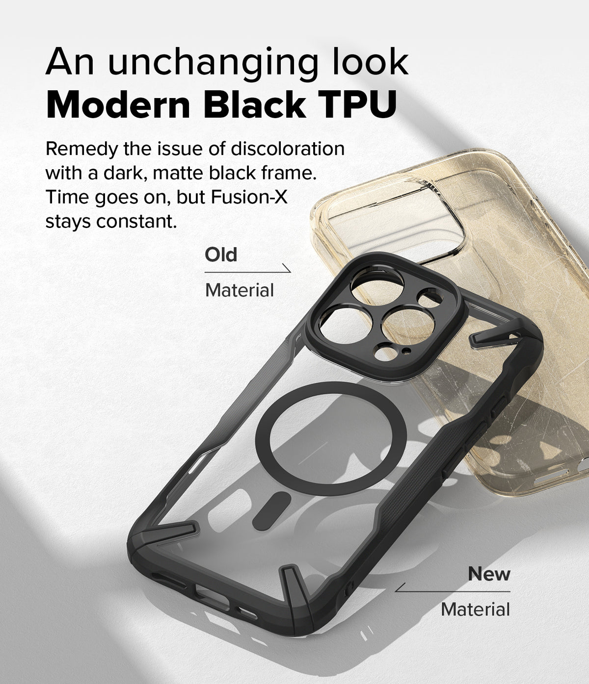 iPhone 16 Pro Max Case | Fusion-X Magnetic - Comparison of a yellowed old case and a pristine black Fusion-X case.