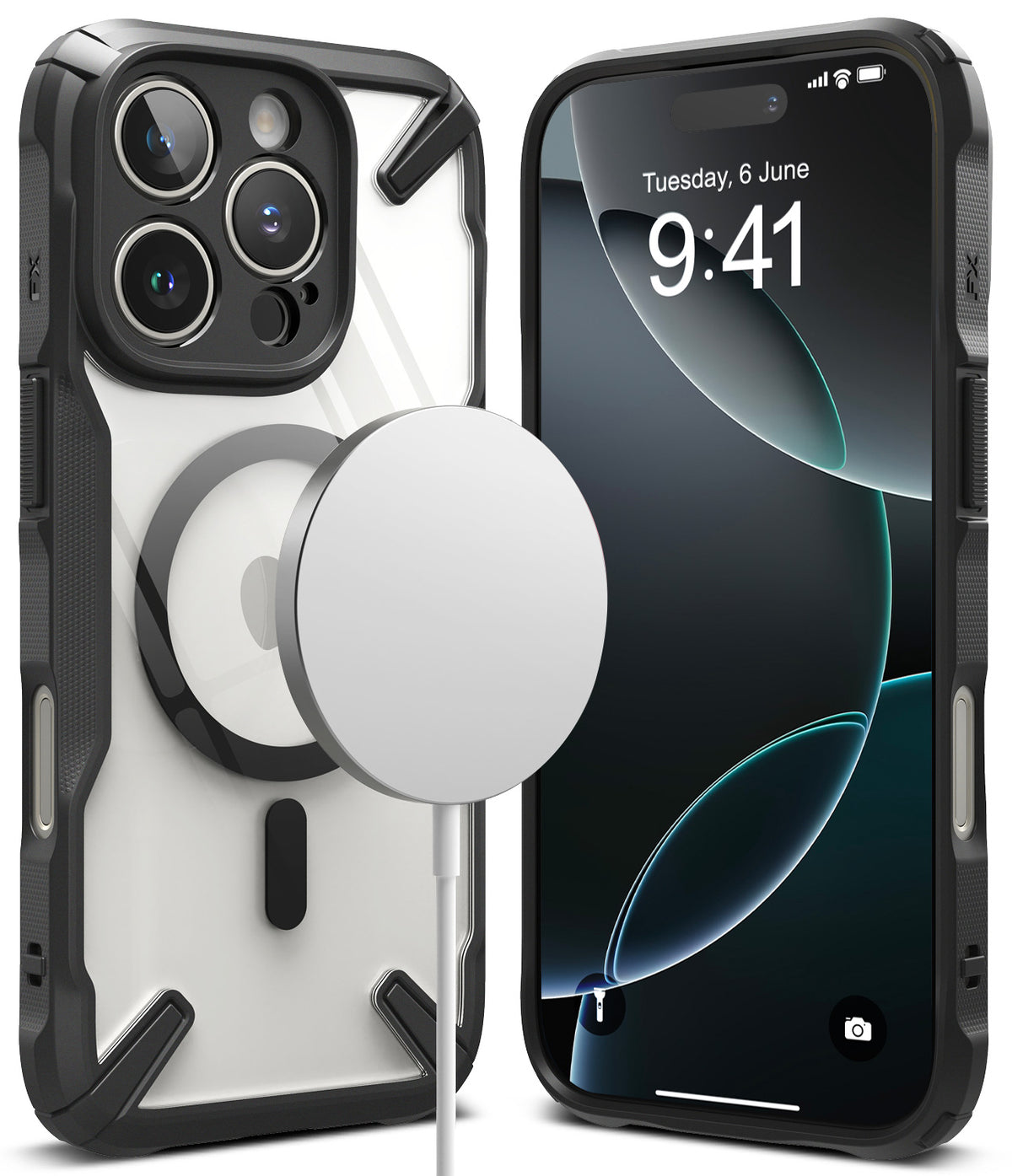 iPhone 16 Pro Max Case | Fusion-X Magnetic - Clear protective case with black frame and magnetic charger attached.