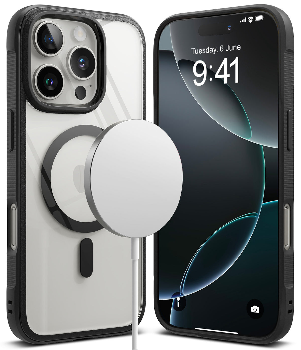 iPhone 16 Pro Max Case | Fusion Bold Magnetic - Clear phone case with magnetic ring and black frame shown front and back.