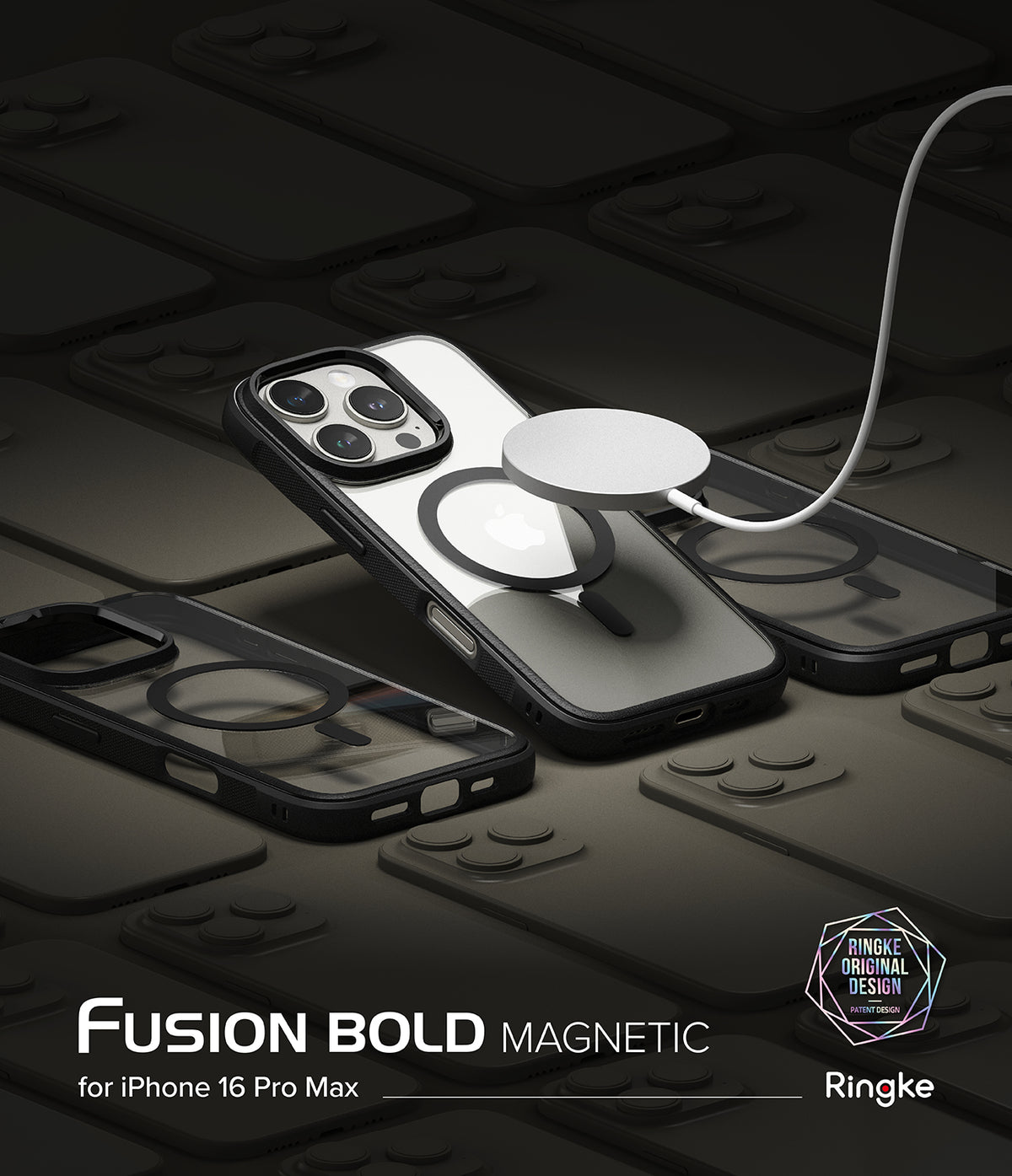 iPhone 16 Pro Max Case | Fusion Bold Magnetic - Clear case with black frame and magnetic ring charging on dark background.