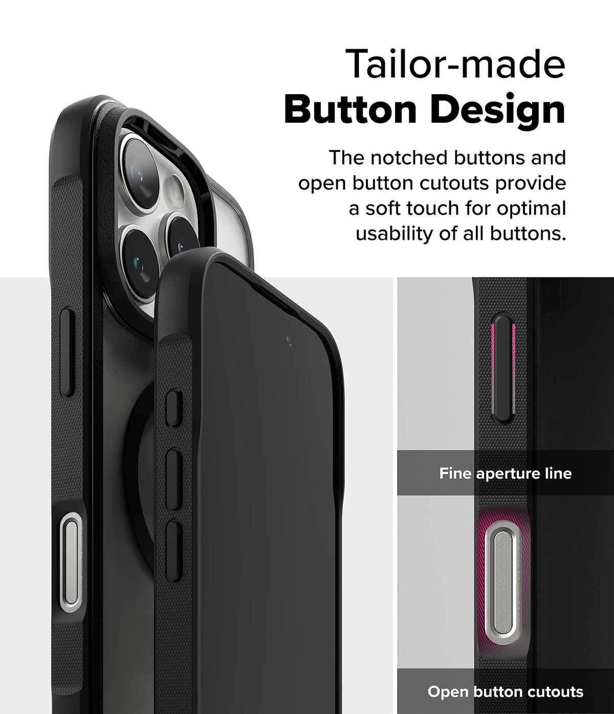 iPhone 16 Pro Max Case | Fusion Bold Magnetic - Close-up of phone case buttons showing notched design and cutouts.