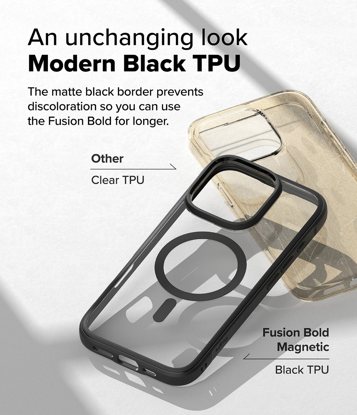 iPhone 16 Pro Max Case | Fusion Bold Magnetic - Comparison of a clear yellowed case and a pristine black Fusion Bold case.