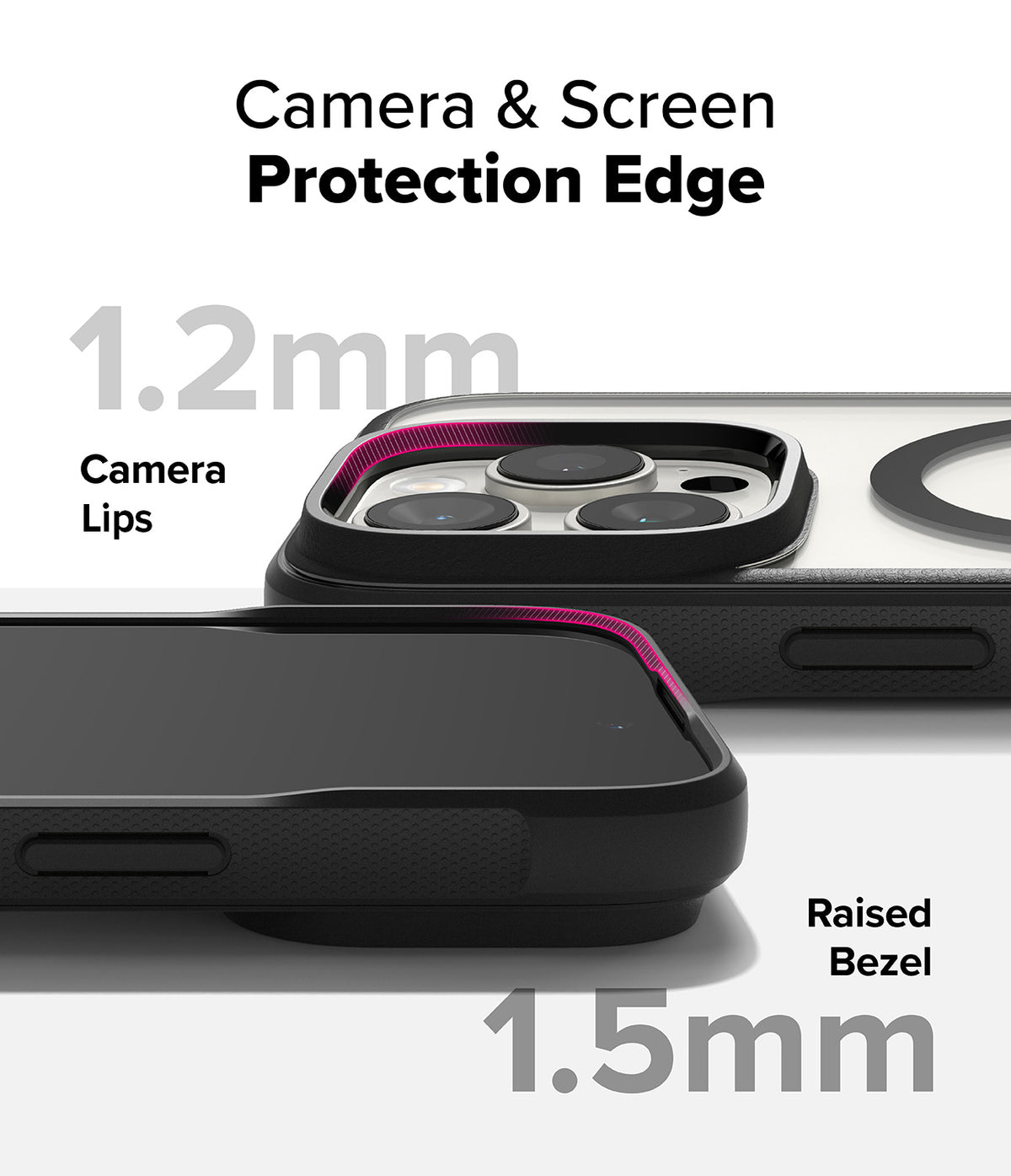 iPhone 16 Pro Max Case | Fusion Bold Magnetic - Close-up showing 1.2mm camera lips and 1.5mm raised screen bezel protection.