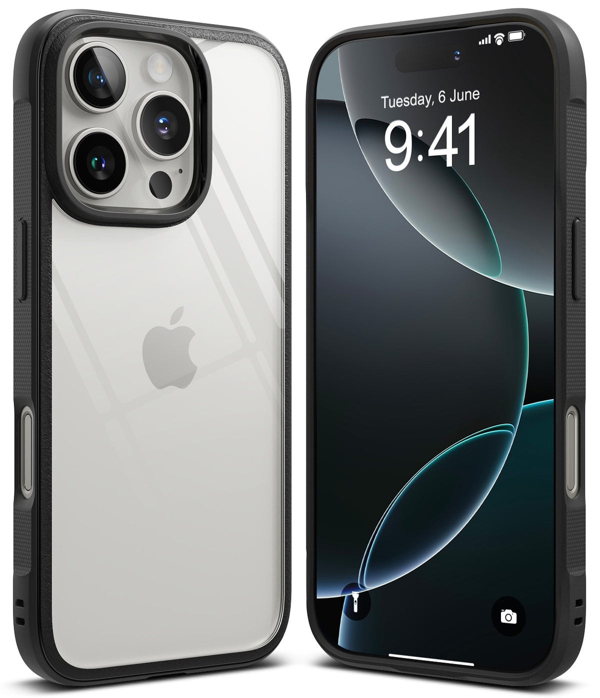iPhone 16 Pro Max Case | Fusion Bold - Front and back views of a clear phone case with a black frame on an iPhone.