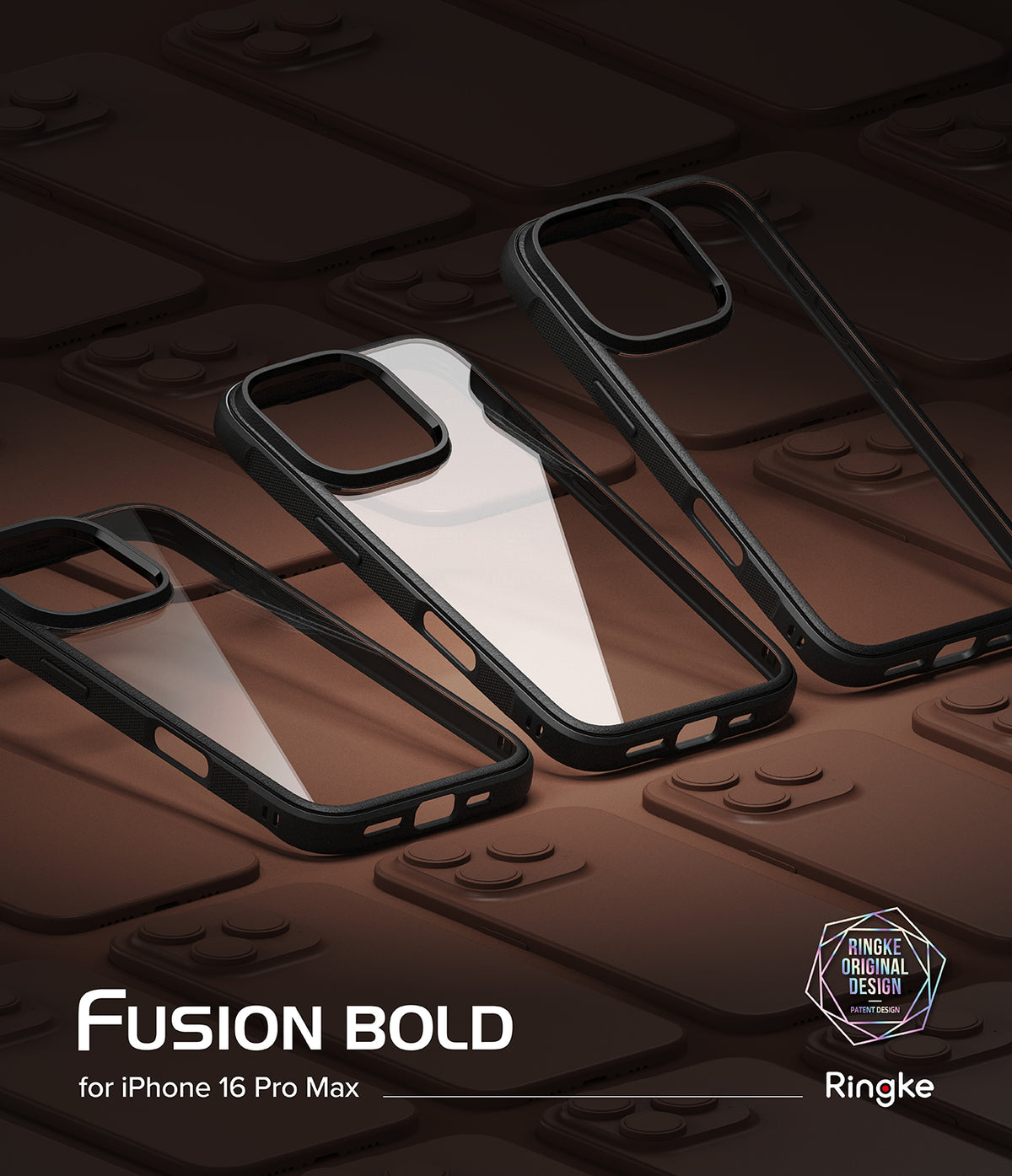 iPhone 16 Pro Max Case | Fusion Bold - Three clear phone cases with black textured edges arranged on a brown background.
