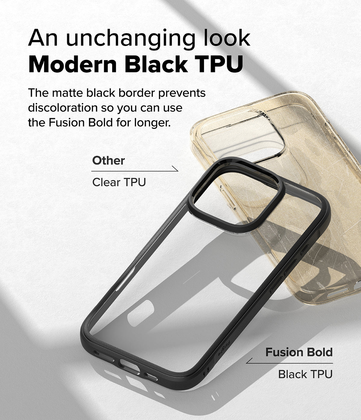 iPhone 16 Pro Max Case | Fusion Bold - A clear phone case with a black border compared to a discolored clear case.