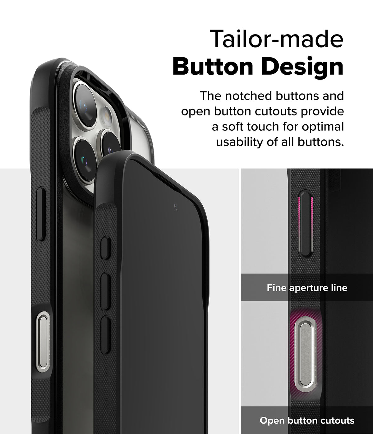 iPhone 16 Pro Max Case | Fusion Bold - Close-up of phone case buttons showing notched design and open cutouts for usability.