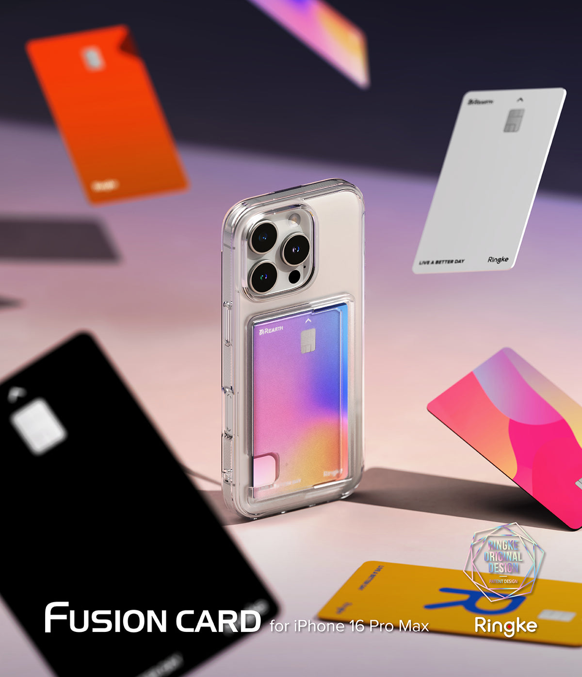 iPhone 16 Pro Max Case | Fusion Card - Clear phone case with a colorful card slot, surrounded by floating credit cards.