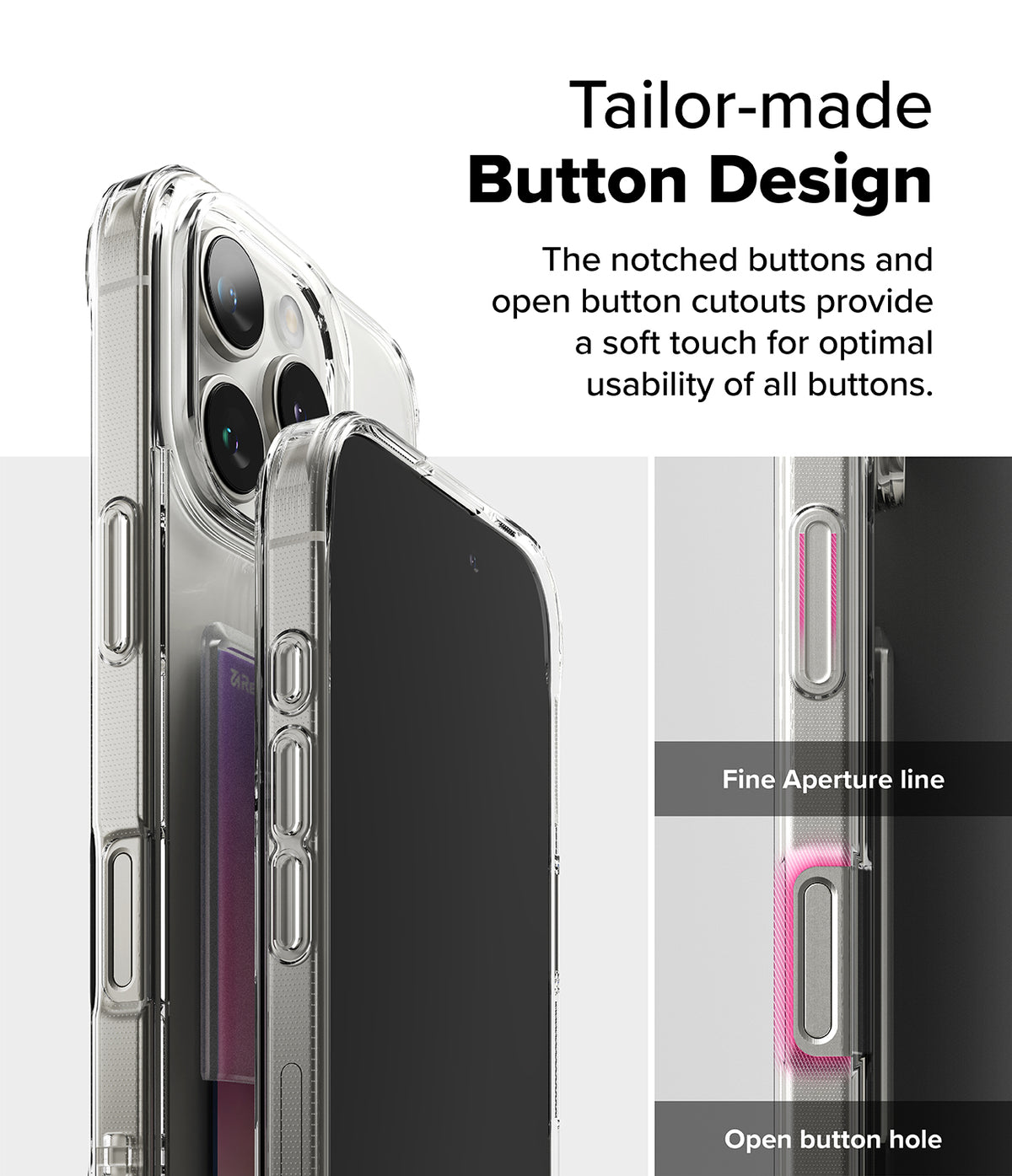 iPhone 16 Pro Max Case | Fusion Card - Clear phone case showing detailed button cutouts and a card slot on the back.