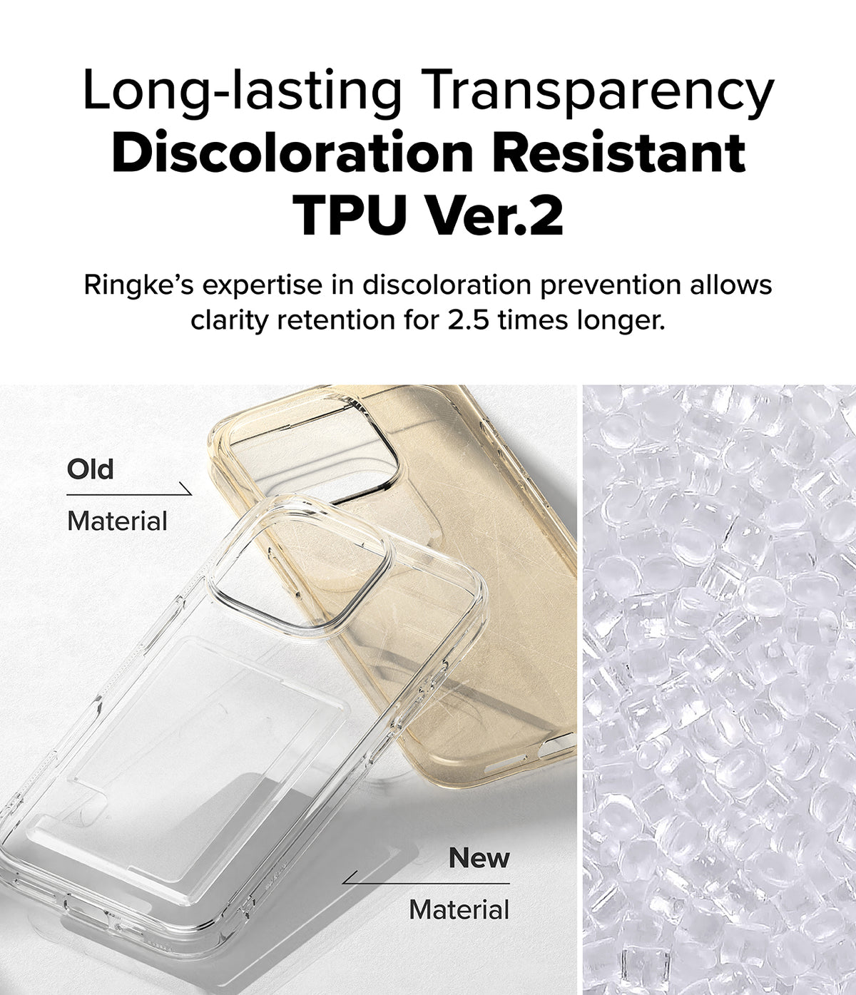 iPhone 16 Pro Max Case | Fusion Card - Comparison of yellowed old TPU material versus clear new TPU material.