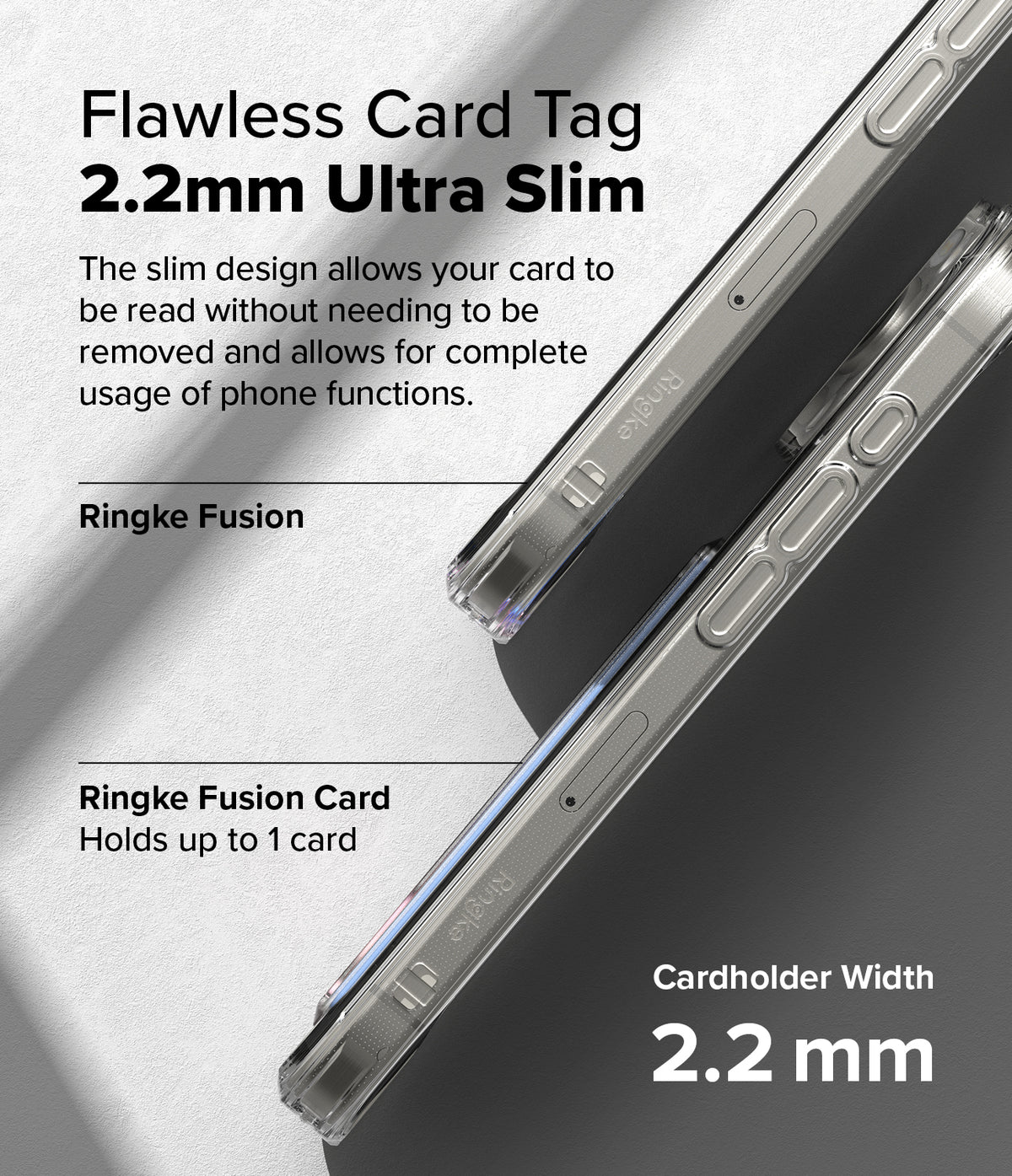 iPhone 16 Pro Max Case | Fusion Card - Side view of two clear phone cases showing a 2.2mm slim profile for card storage.