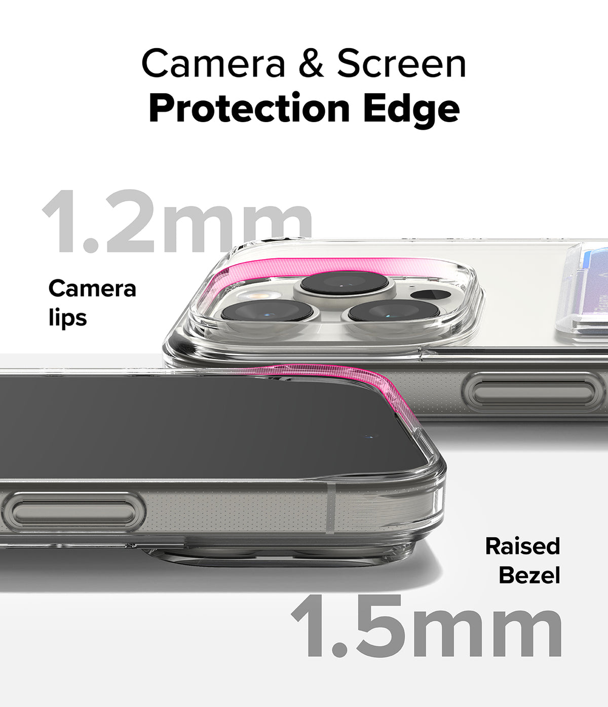 iPhone 16 Pro Max Case | Fusion Card - Close-up showing 1.2mm camera lips and 1.5mm raised screen bezels for protection.