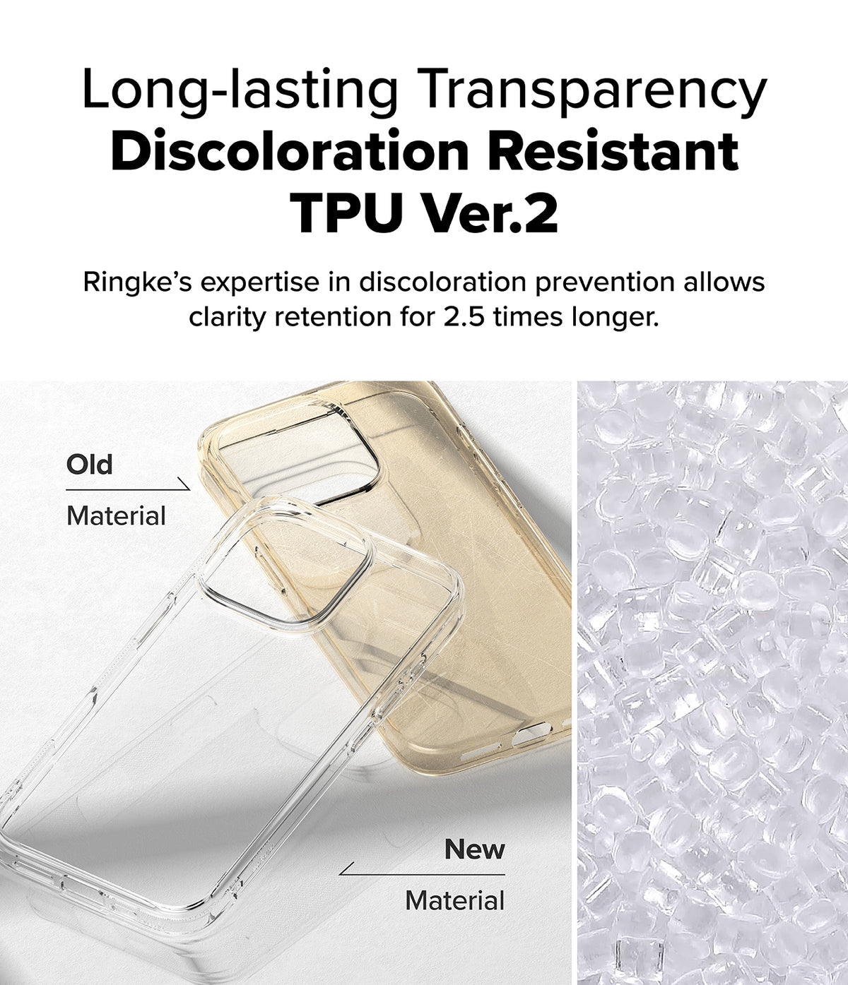 iPhone 16 Pro Max Case | Fusion - Comparison of yellowed old TPU material versus clear new TPU material for phone cases.