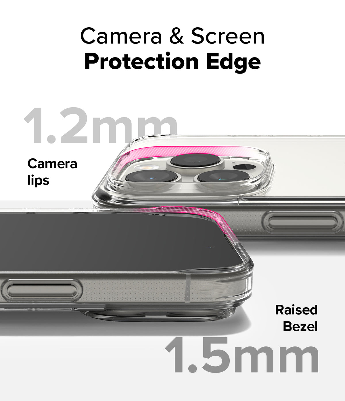 iPhone 16 Pro Max Case | Fusion - Clear phone case showing 1.2mm camera lips and 1.5mm raised screen bezel for protection.