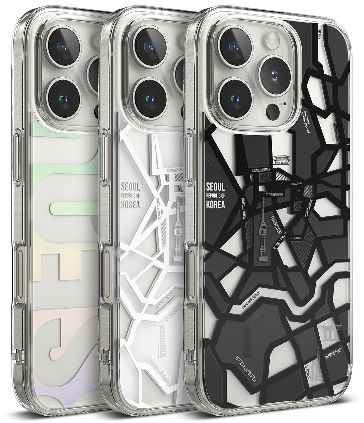 iPhone 16 Pro Max Case | Fusion Design - Three clear phone cases featuring Seoul map graphics in iridescent, white, and black.
