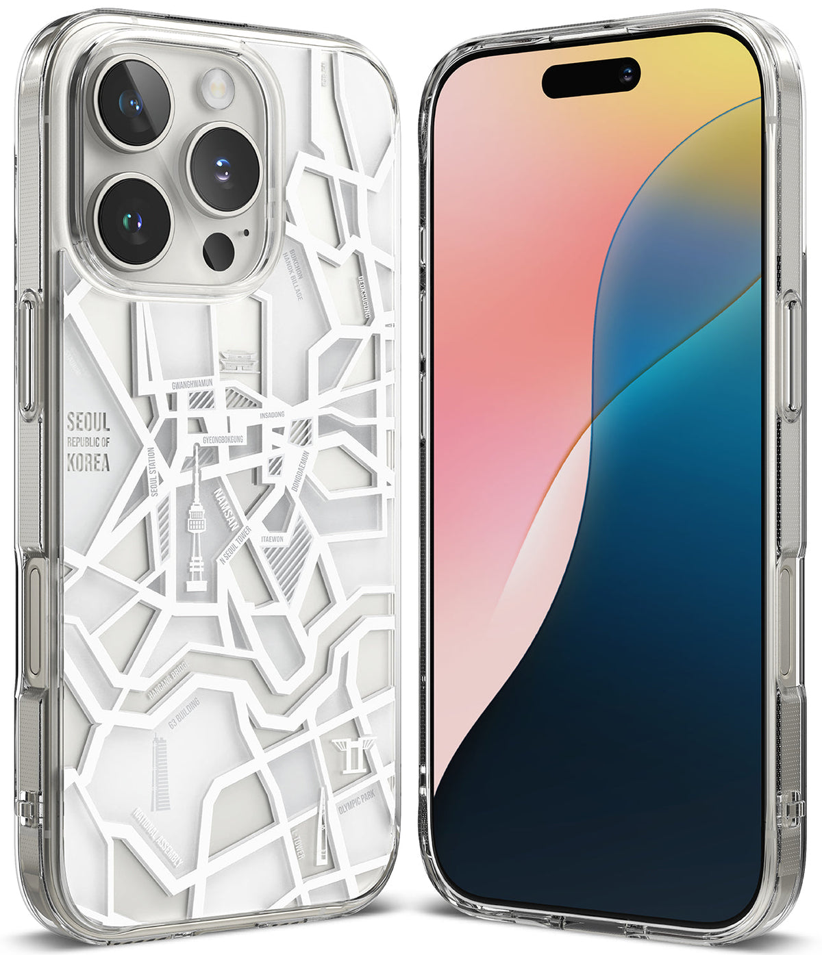 iPhone 16 Pro Max Case | Fusion Design - Clear phone case featuring a white Seoul city map graphic with landmarks.