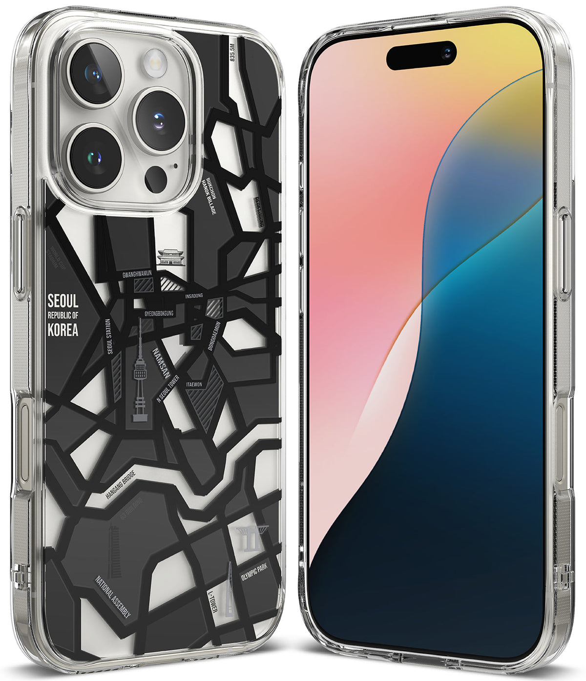 iPhone 16 Pro Max Case | Fusion Design - Clear phone case featuring a black and white map of Seoul with landmarks.