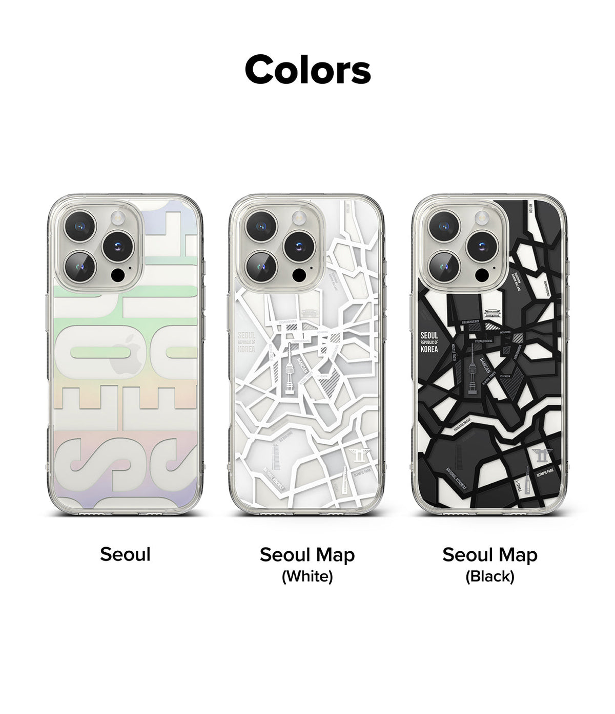 iPhone 16 Pro Max Case | Fusion Design - Three iPhone cases featuring Seoul-themed designs in pastel, white map, and black map.