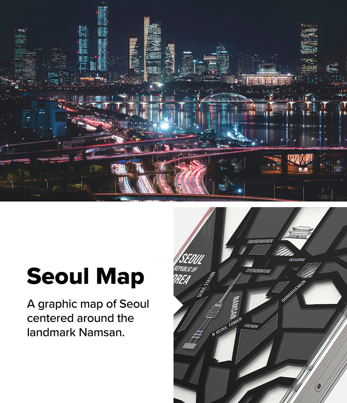 iPhone 16 Pro Max Case | Fusion Design - Seoul skyline at night above a graphic map case featuring Namsan and city landmarks.