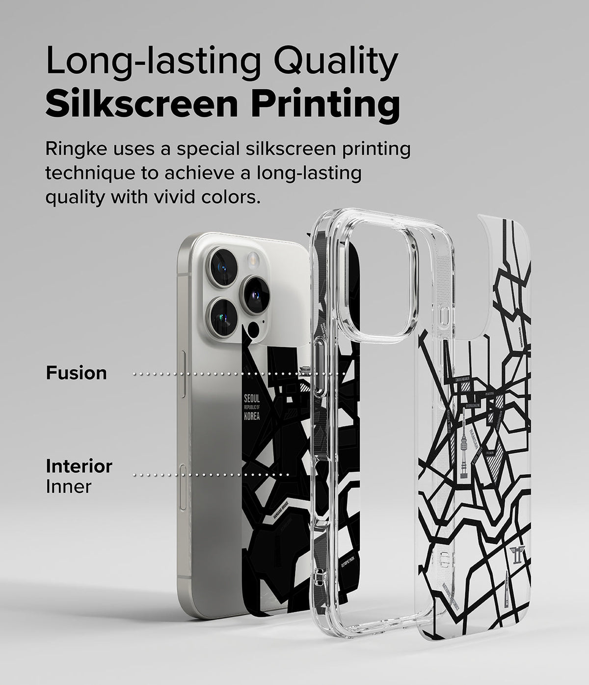 iPhone 16 Pro Max Case | Fusion Design - iPhone 16 Pro Max with a Seoul map-patterned case, showing interior and exterior print layers.