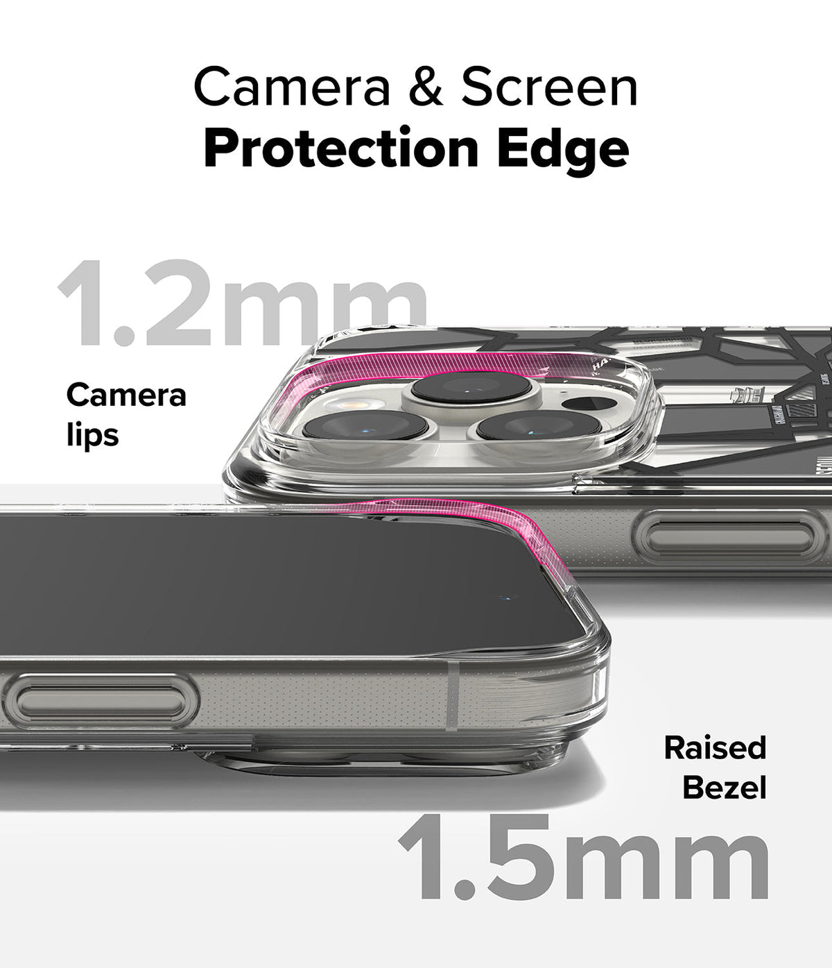 iPhone 16 Pro Max Case | Fusion Design - Close-up of phone case showing 1.2mm camera lips and 1.5mm raised screen bezel.