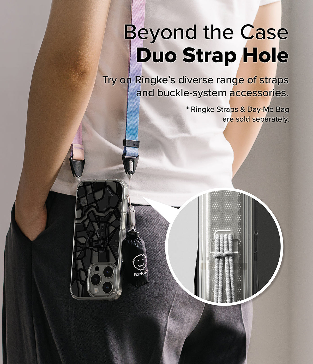 iPhone 16 Pro Max Case | Fusion Design - Person wearing a phone case with a colorful strap and a close-up of the duo strap hole.