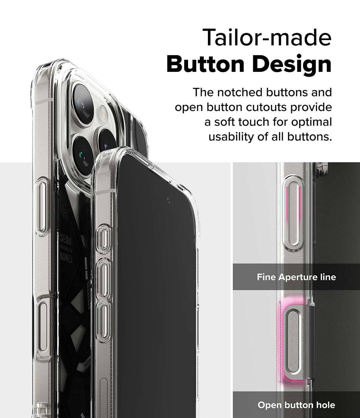 iPhone 16 Pro Max Case | Fusion Design - Clear phone case showing detailed button cutouts and tactile side buttons.