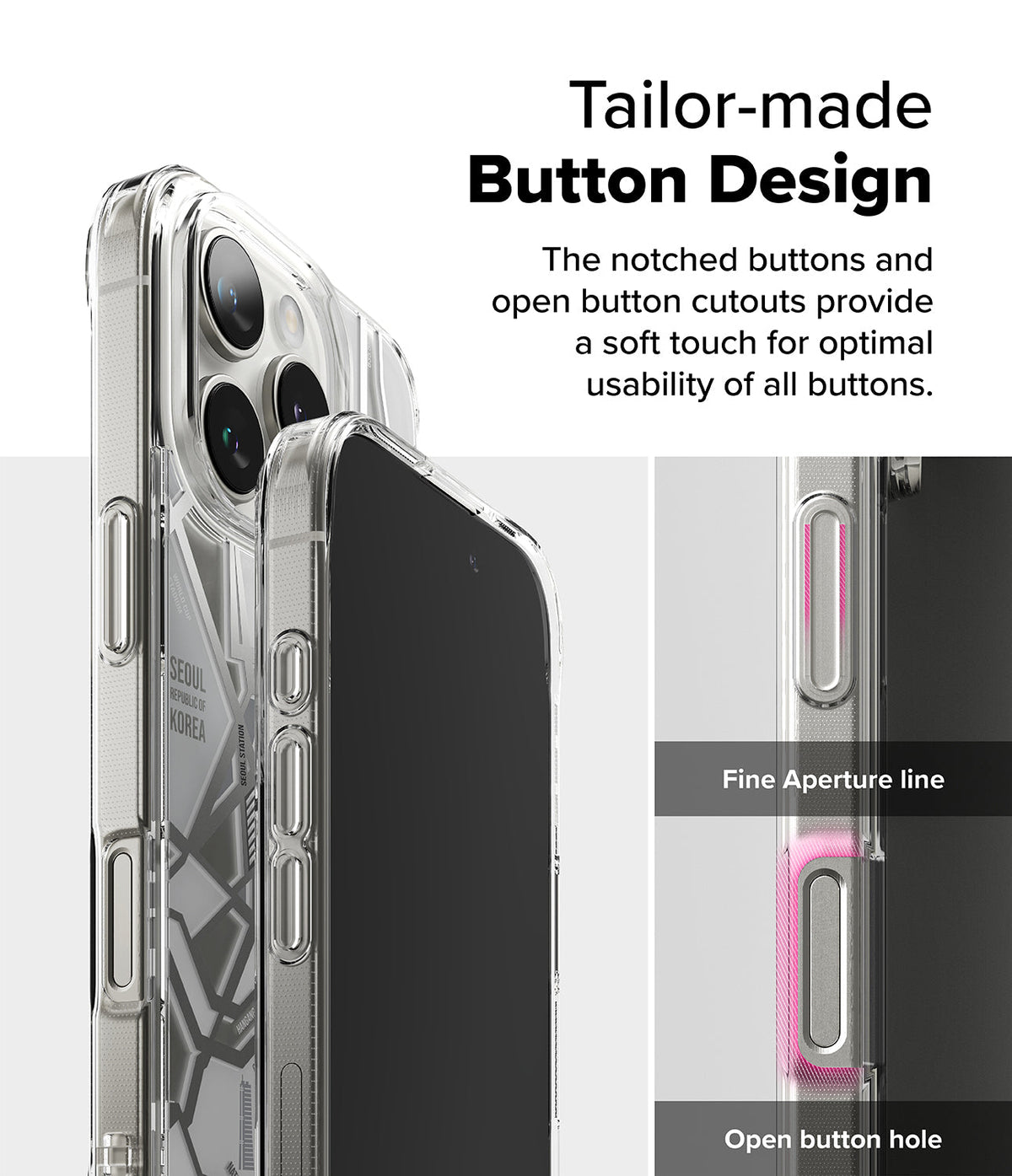 iPhone 16 Pro Max Case | Fusion Design - Clear phone case showing detailed button cutouts and fine aperture lines.