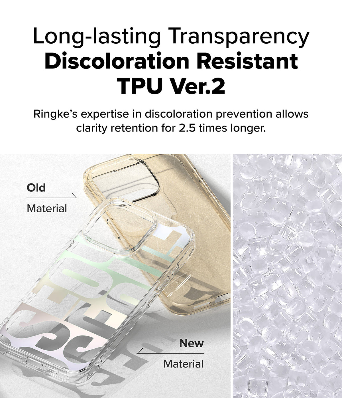 iPhone 16 Pro Max Case | Fusion Design - Comparison of yellowed old TPU case and clear new TPU case material.