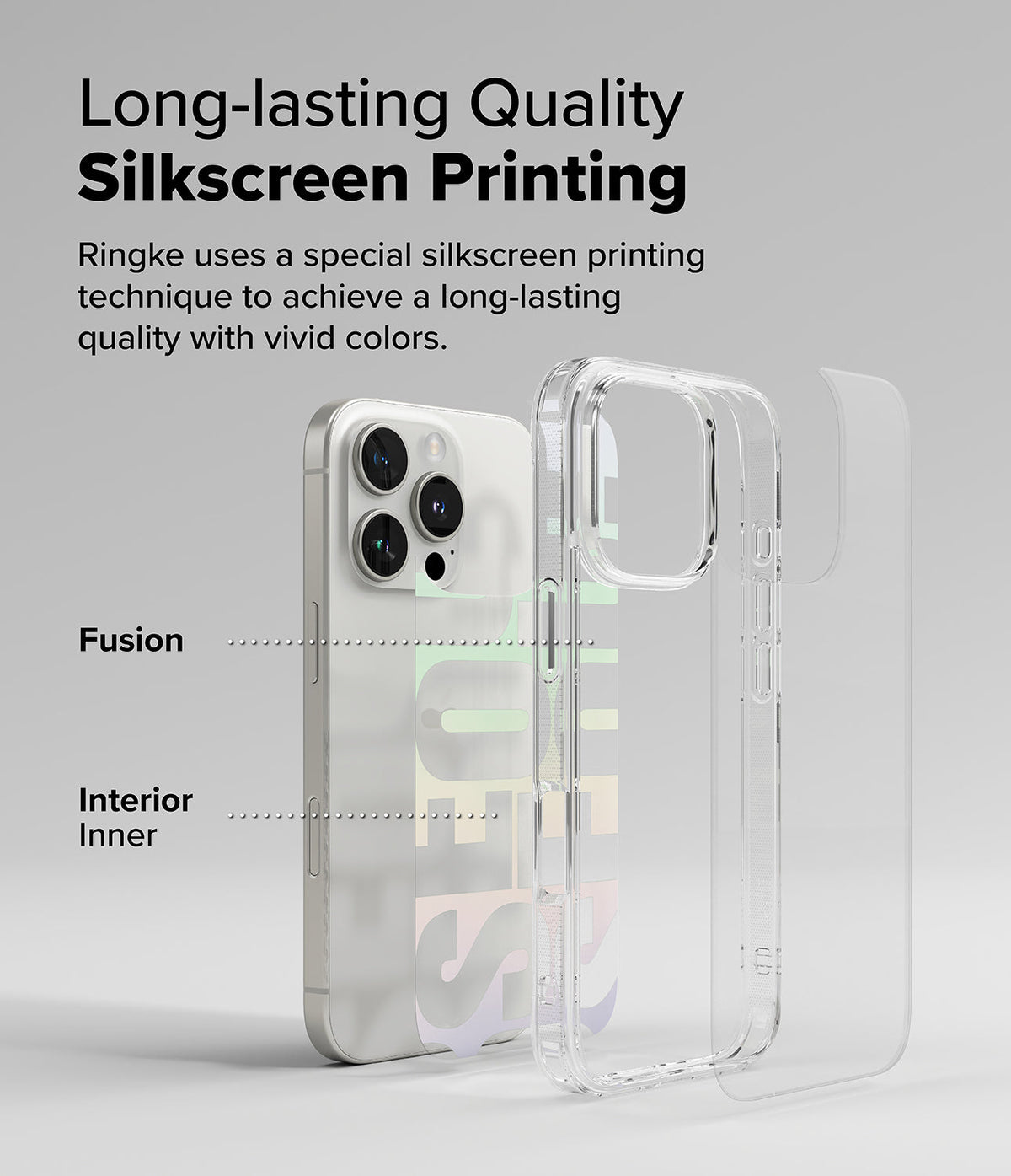 iPhone 16 Pro Max Case | Fusion Design - Exploded view of a clear phone case showing interior printing layers.