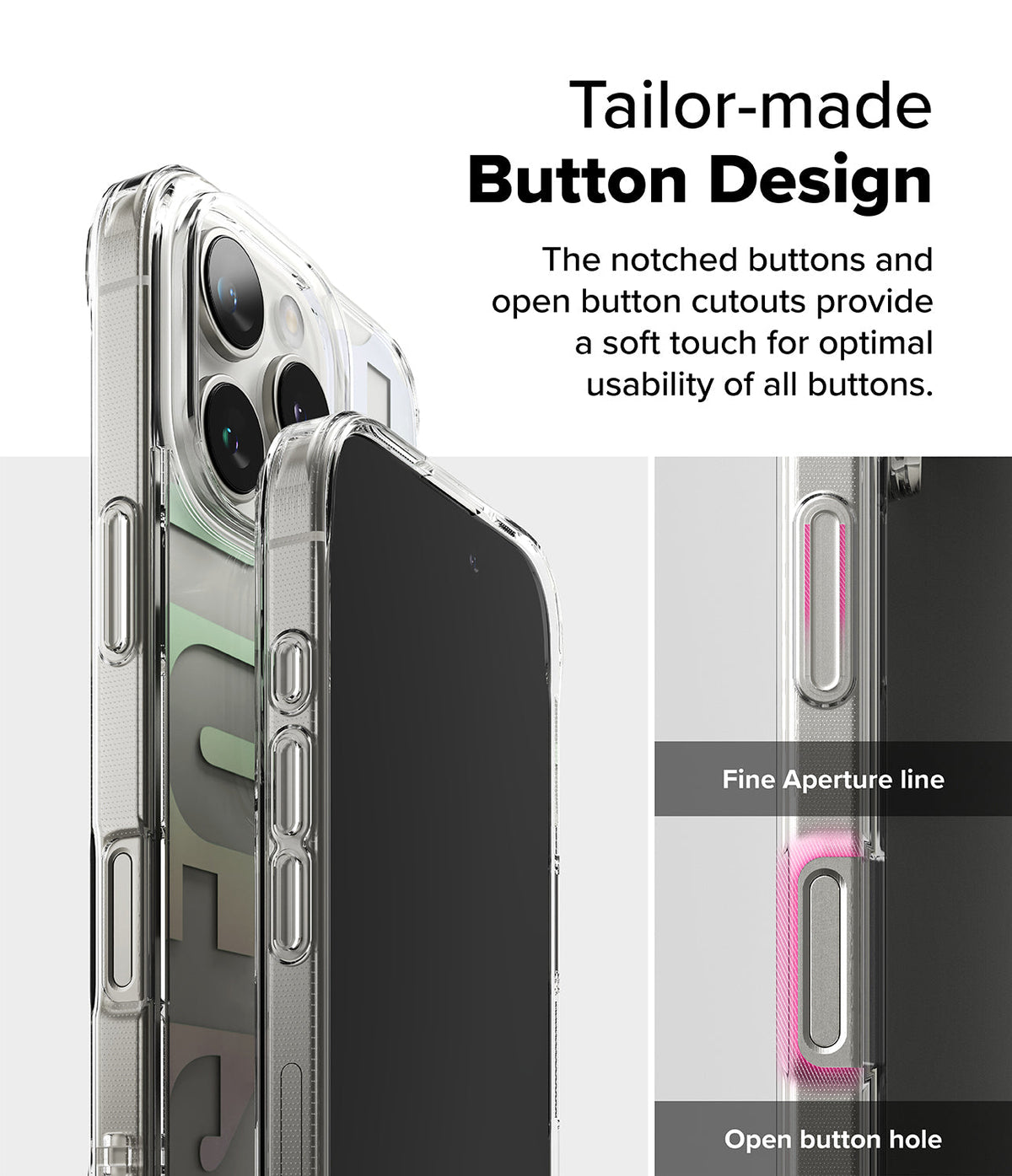 iPhone 16 Pro Max Case | Fusion Design - Clear phone case showing detailed button cutouts and tactile button design.