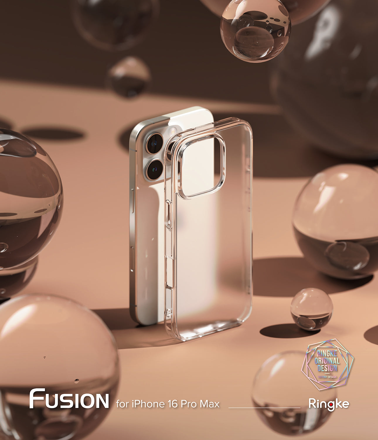 iPhone 16 Pro Max Case | Fusion Matte - Clear phone case standing next to an iPhone 16 Pro Max amidst floating glass orbs.