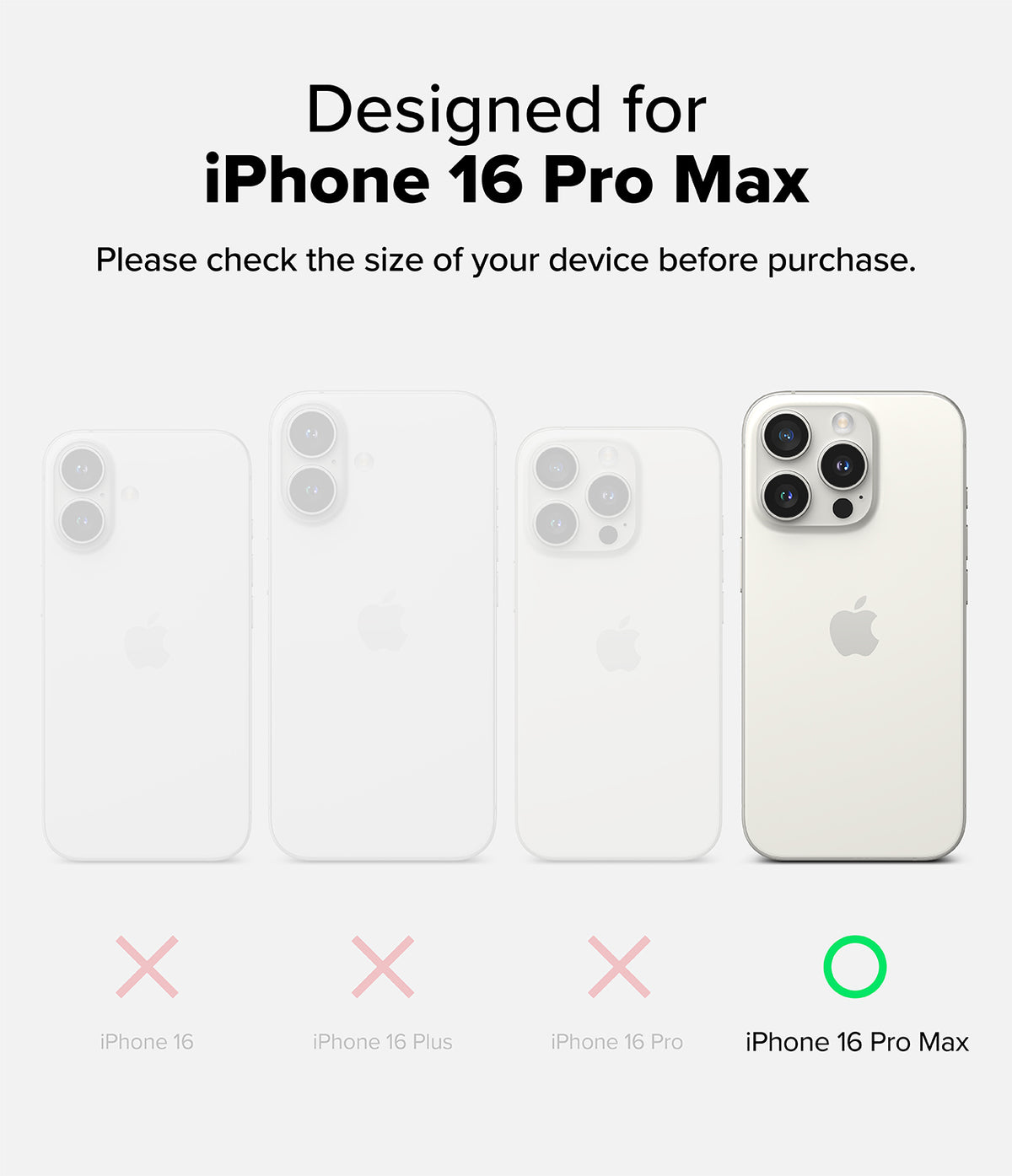 iPhone 16 Pro Max Case | Fusion Matte - Comparison chart showing iPhone 16 models with a green check for Pro Max.
