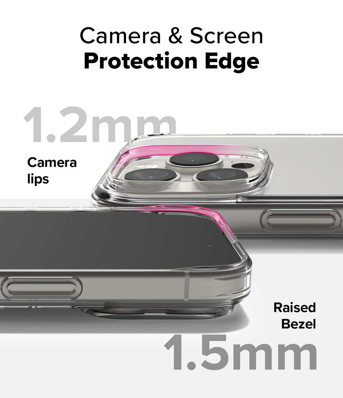 iPhone 16 Pro Max Case | Fusion Matte - Close-up of phone case showing 1.2mm camera lips and 1.5mm raised screen bezel protection.