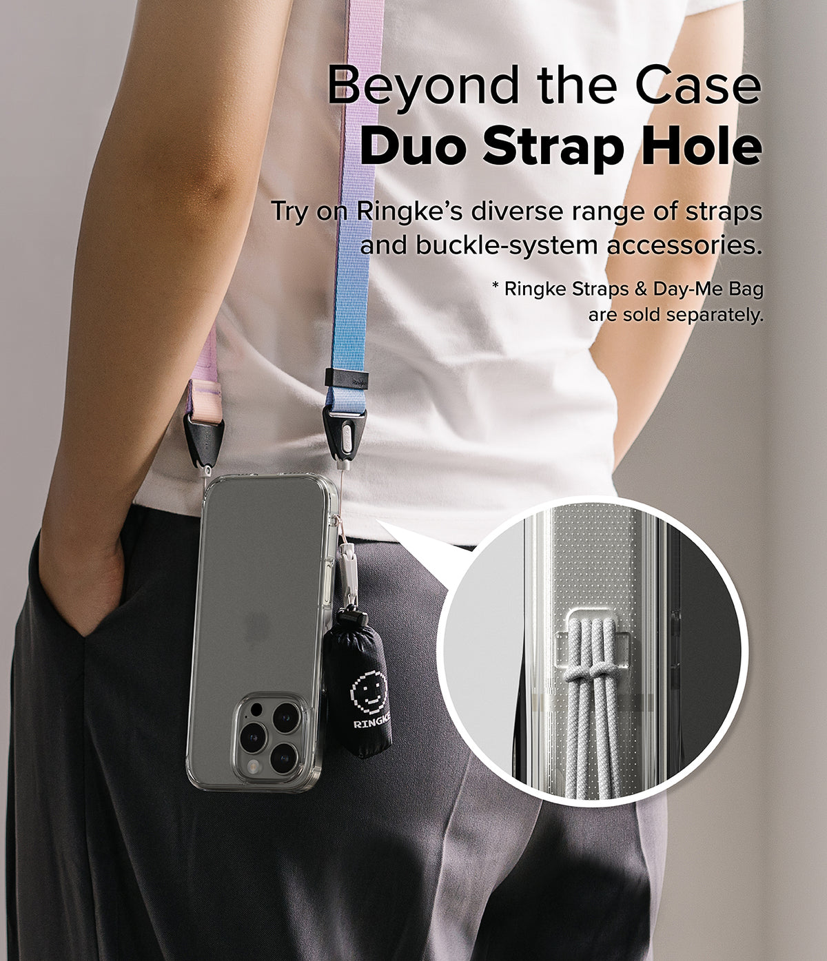 iPhone 16 Pro Max Case | Fusion Matte - Person wearing a phone case with a colorful strap and small bag attached via duo strap holes.