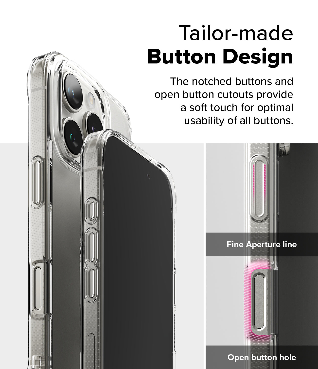 iPhone 16 Pro Max Case | Fusion Matte - Close-up of clear phone case buttons highlighting aperture lines and open cutouts.