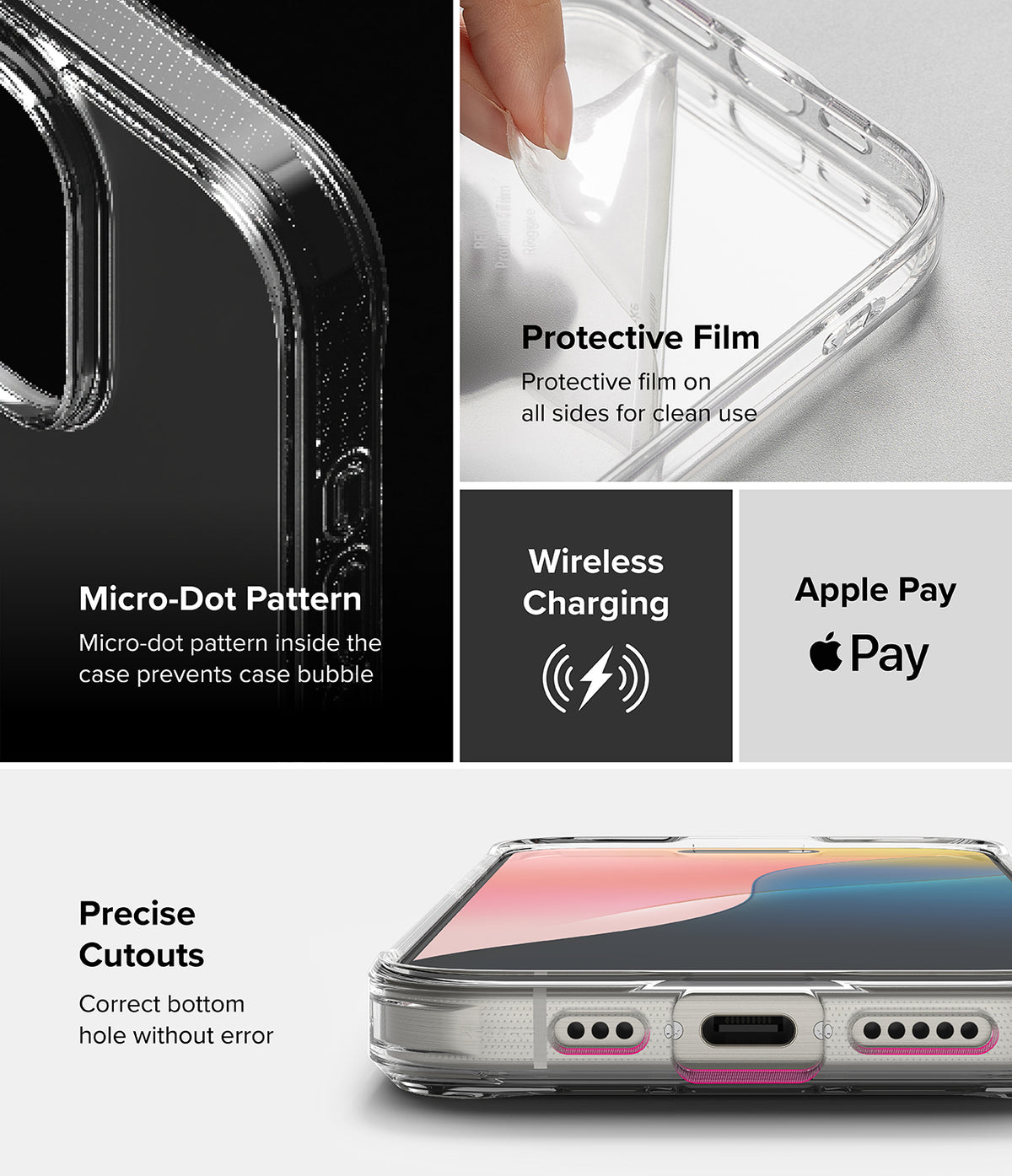 iPhone 16 Pro Max Case | Fusion Matte - Collage showing micro-dot pattern, protective film, wireless charging, and precise cutouts.