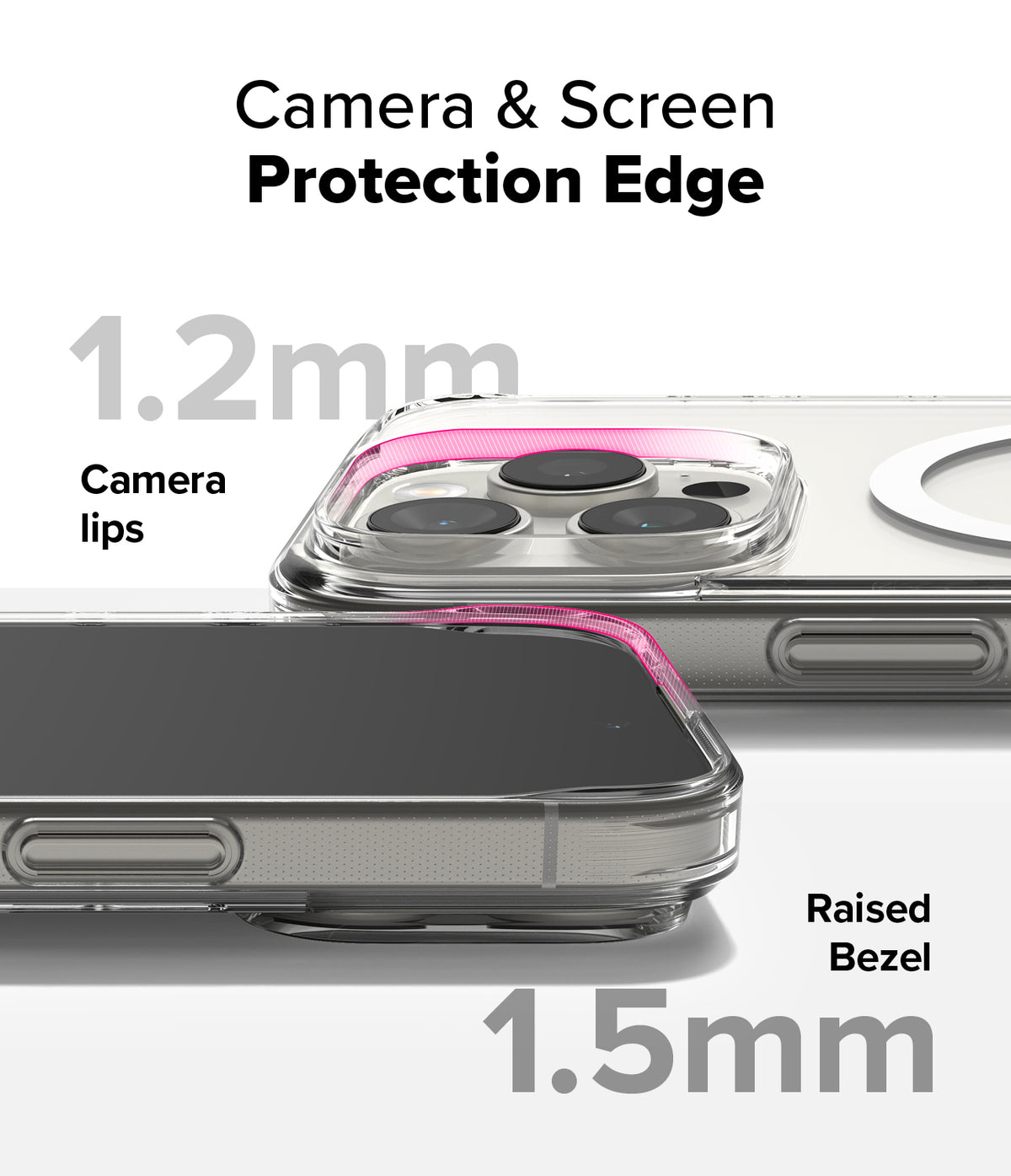 iPhone 16 Pro Max Case | Fusion Magnetic - Close-up of clear phone case showing 1.2mm camera lips and 1.5mm raised screen bezel.