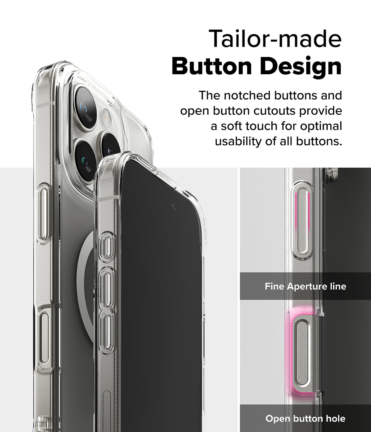 iPhone 16 Pro Max Case | Fusion Magnetic Matte - Close-up of clear phone case buttons with highlighted cutouts.