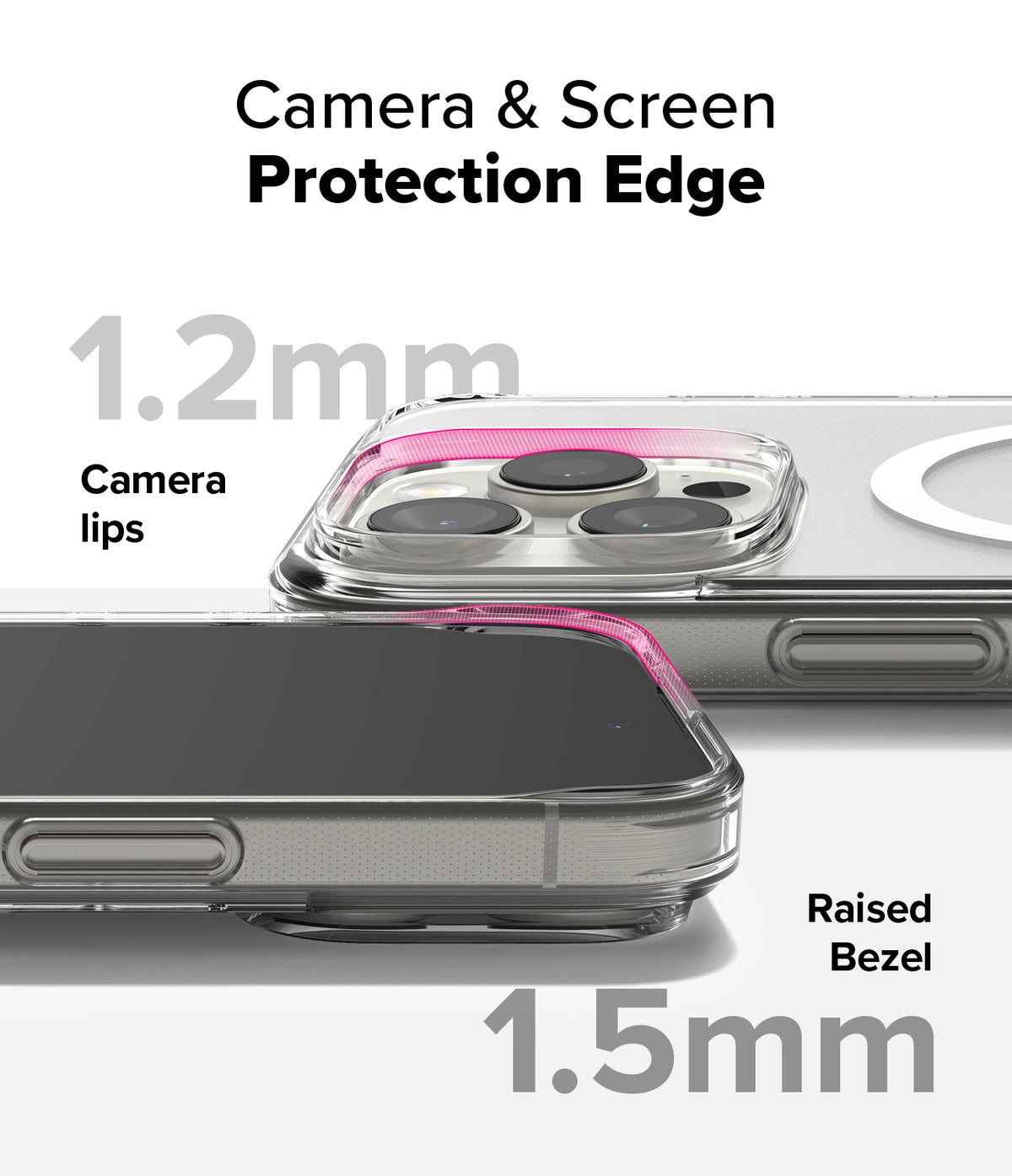 iPhone 16 Pro Max Case | Fusion Magnetic Matte - Close-up showing 1.2mm camera lips and 1.5mm raised screen bezel protection.
