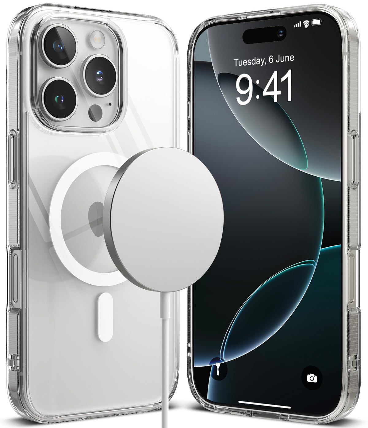 iPhone 16 Pro Max Case | Fusion Magnetic - Clear phone case with MagSafe charger attached to the back and front view.